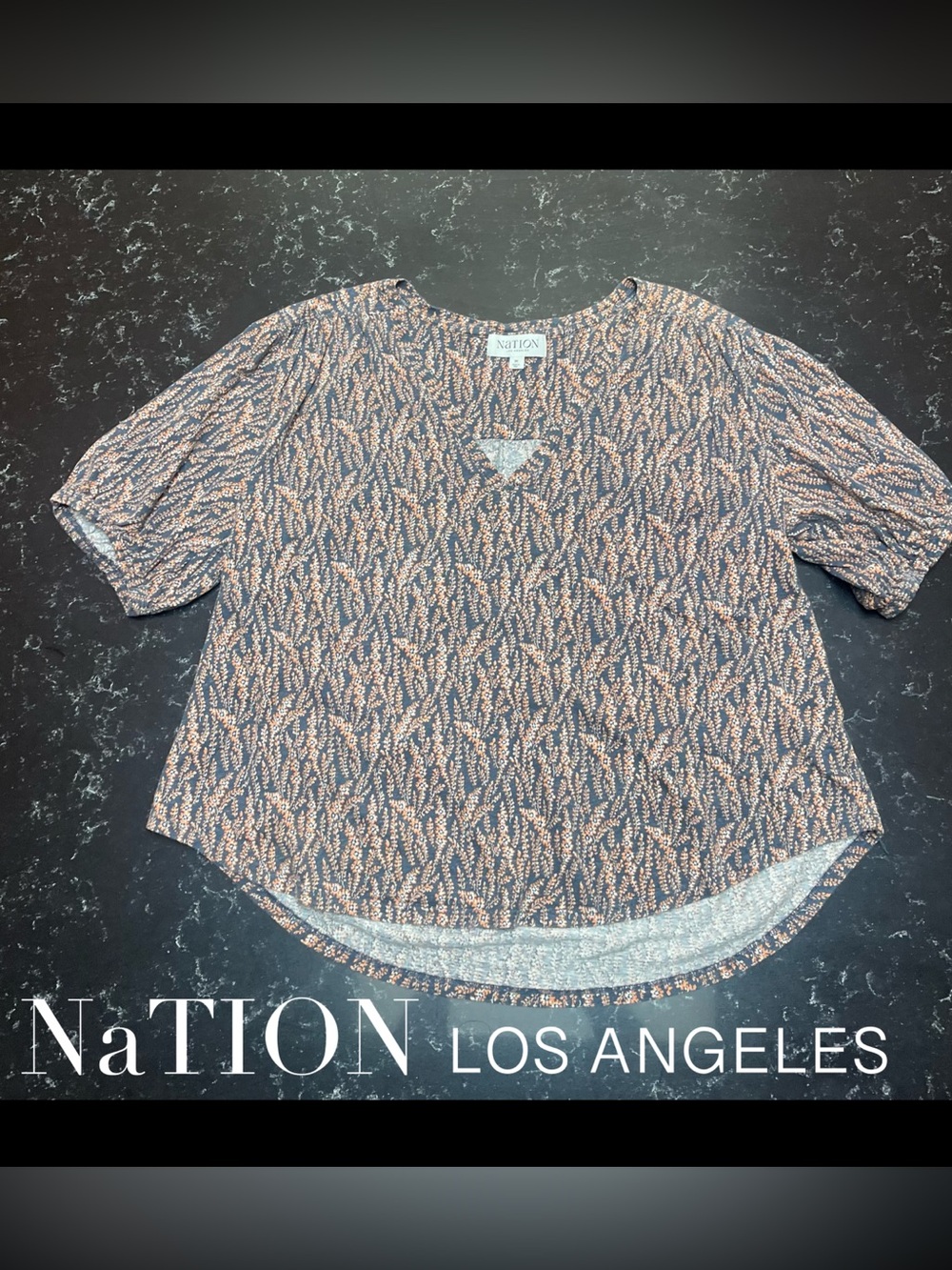 Nation Los Angeles top, v-neck, size m, navy blue & orange flowered print
